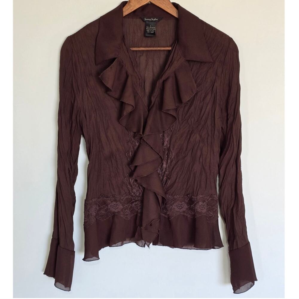 Y2K Vintage Sunny Taylor Brown Ruffle Lace Whimsigoth Blouse Size: L